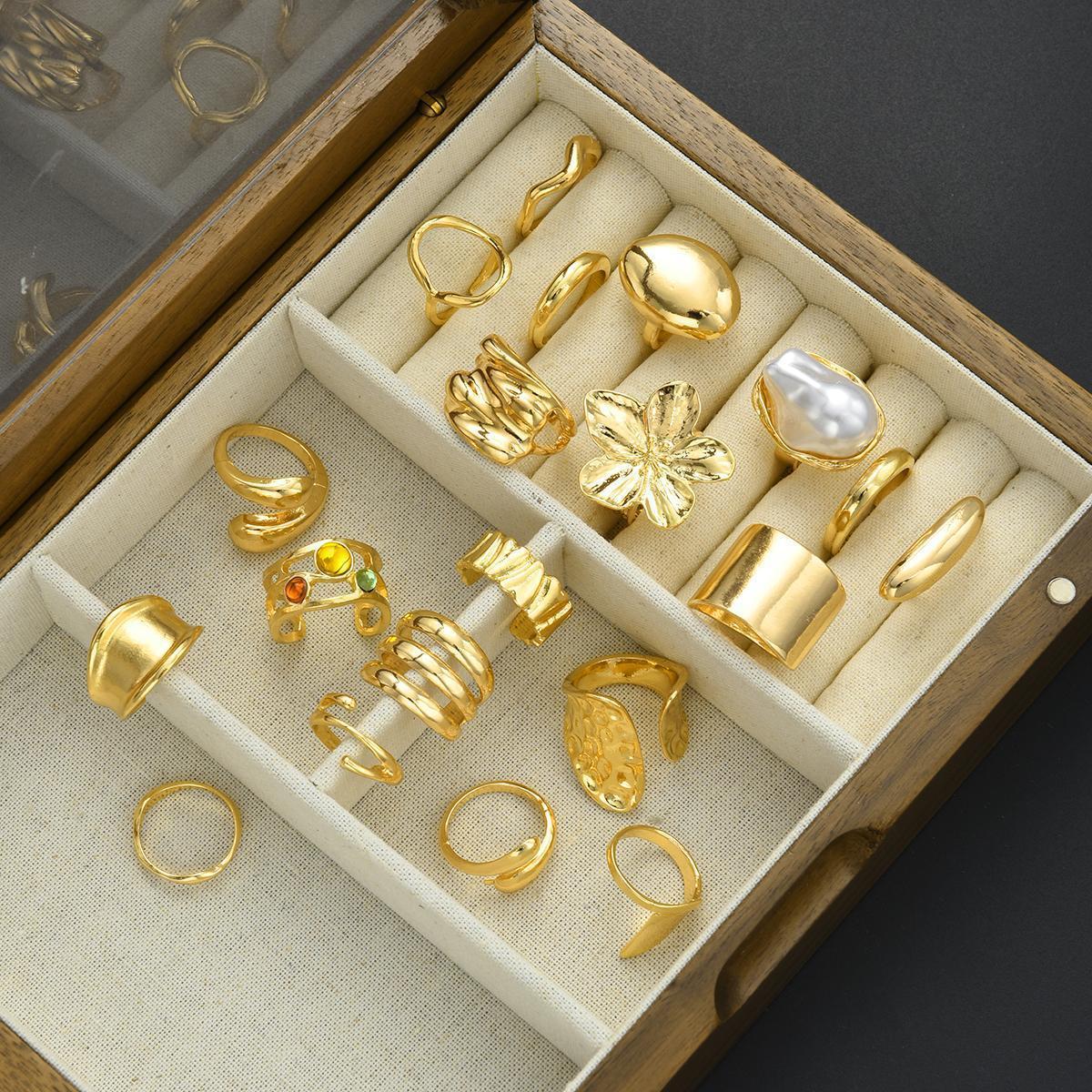 

20 Pcs Gold Color Lava Textured Ring Set For Women Irregular Line Cat Eye Gemstone Adjustable Open Finger Rings Trendy Jewelry