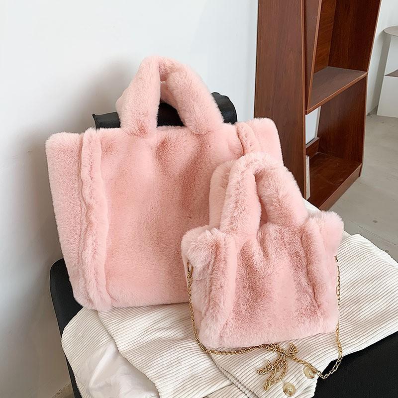 

Японская Повседневная Сумка Большой Вместимости Женская Одноплечевая Сумка-тоут Под Мышку Однотонная Меховая Модная Цепь trumpet розовый