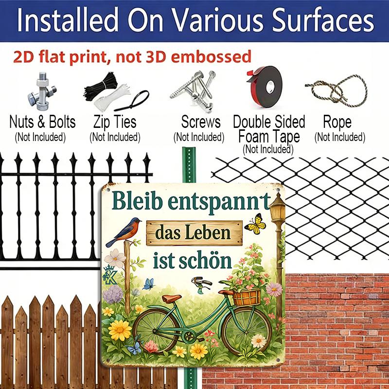 2D Flat 1pc, Vintage Aluminium Sign - Rustic Garden and Bicycle Decorative Plaque with Floral and Bird Designs, German Text, Wall-mounted Artwork