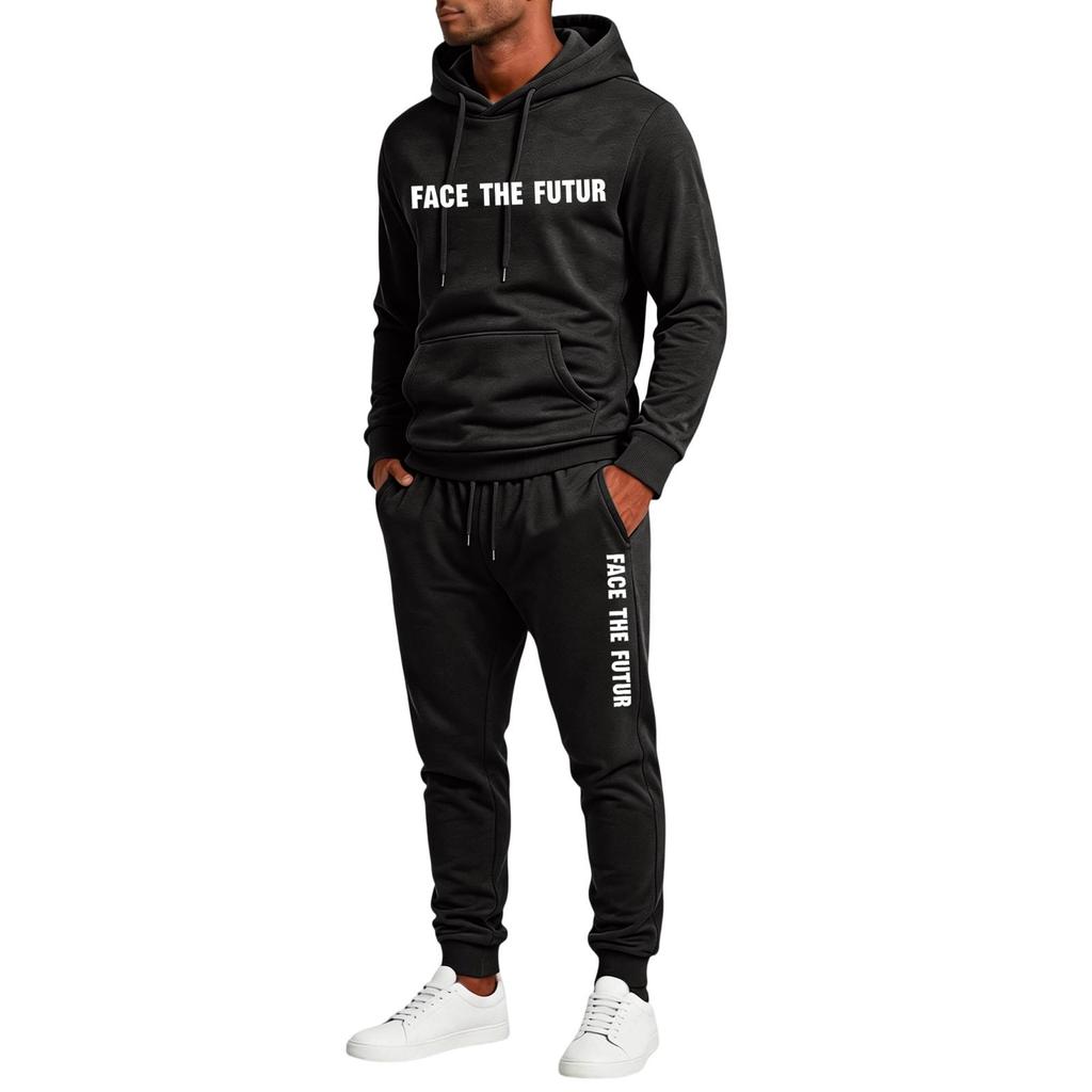 Men's Casual 2 Piece Set Hoodie and Elastic Waist Straight Leg Pants with Fun Letter Print