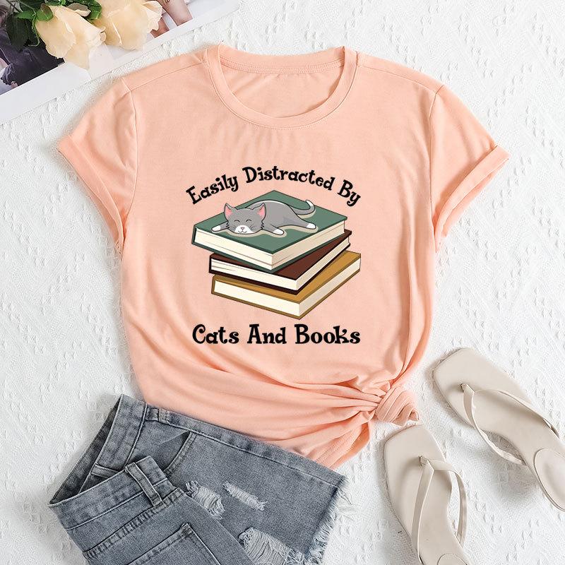 Summer Women's Fashionable Letter Cat Short Sleeved Casual Loose Cotton Round Neck Top