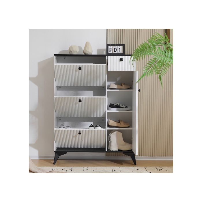 Meuble À Chaussures - MUVOE - 3 Étagères - 1 Tiroir - 1 Porte - Blanc Moderne