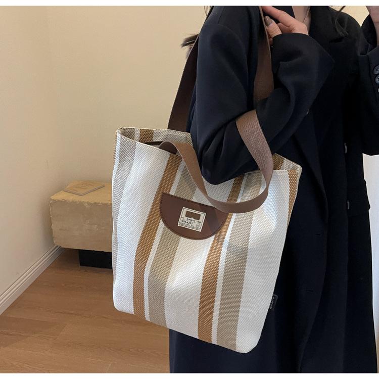 Striped Canvas Bag Women's New Summer Casual Lightweight Shoulder Bag Large Capacity Tote Bag Shopping Bag