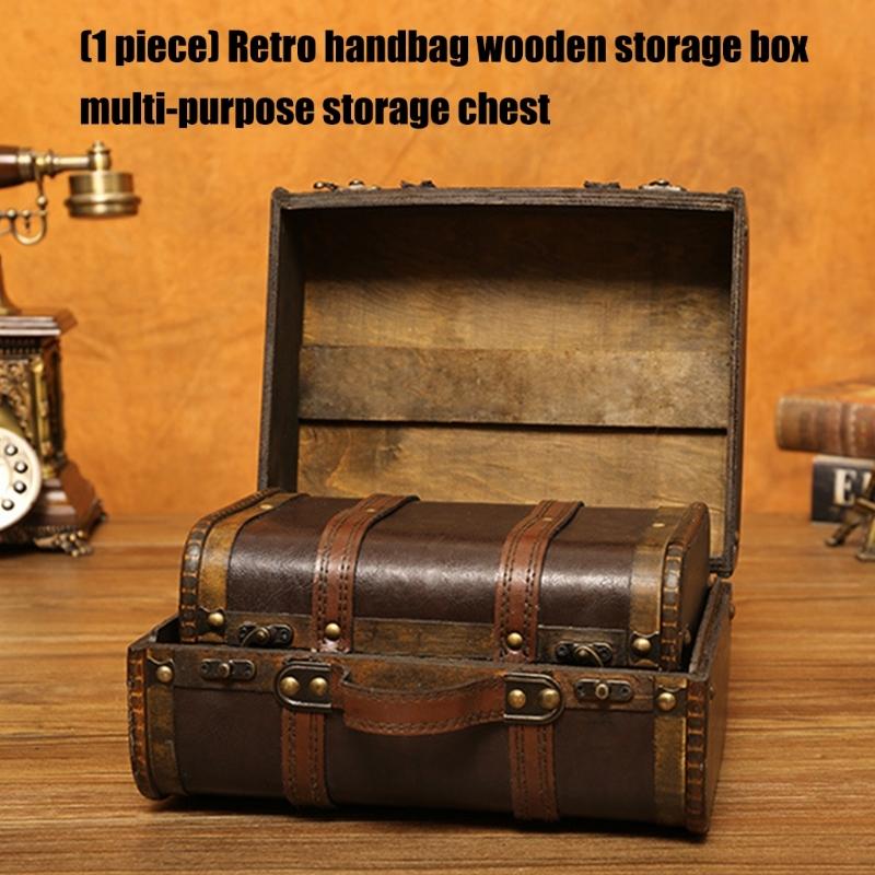 Wooden Trunk Faux Leather Handle Carrying Case Portable Storage Container For Jewelry Cosmetics And Collectibles
