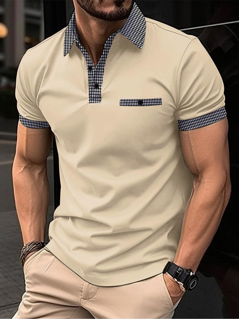 European American Style Men's Summer Short Sleeve Polo Shirt Button Turn Down Collar T-shirt Color Block Sports Rugby Shirt