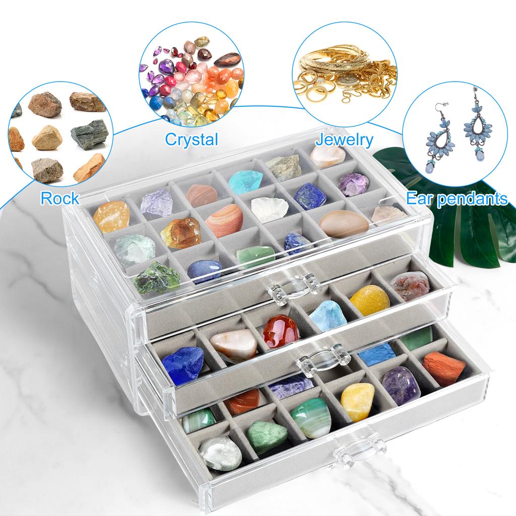 Rock Display Case 3 Drawers Rock Collection Box Clear Crystals Display Case Durable Gemstone Rock Storage Case for Kids Rocks