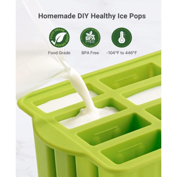 Silicon Ice Pop Molds, Klenzo 12-Cavity Ice Cream Mold, Reusable Popsicle Maker, BPA-Free, Green Dental Floss Shape