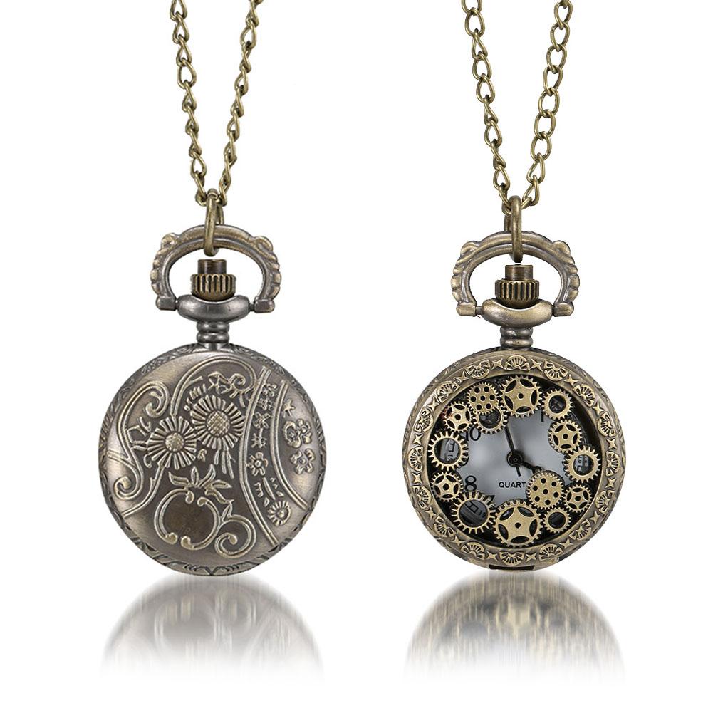 Orologio da tasca moda retrò per uomo donna, bronzo, quarzo, lega, cassa cava con ingranaggi scolpiti, con catena