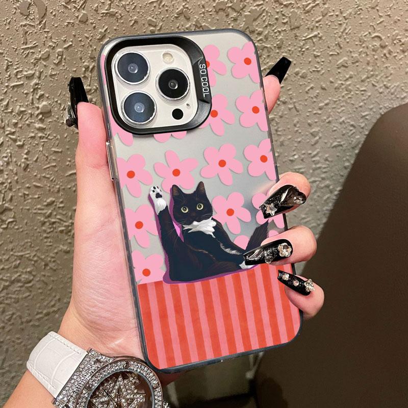 Pink Flower And Black Cats Laser Phone Case for iPhone 15 14 Pro Max Plus 17 16 Pro Max 13 Mini 12 11 Pro Max Shockproof Covers