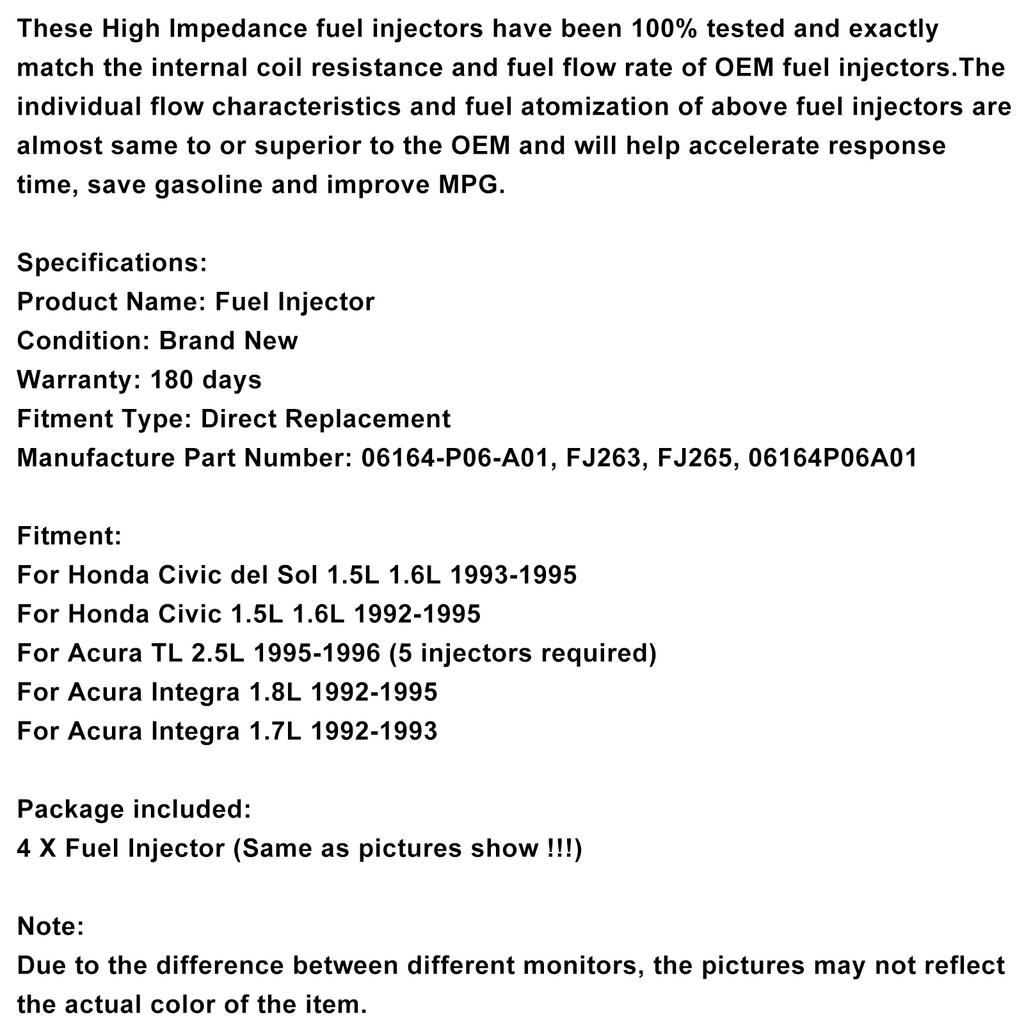 4 szt. Wtryskiwacz paliwa 06164-P06-A01 Pasuje do Civic Del Sol 1.5L 1.6L Integra 1.7L 1.8L