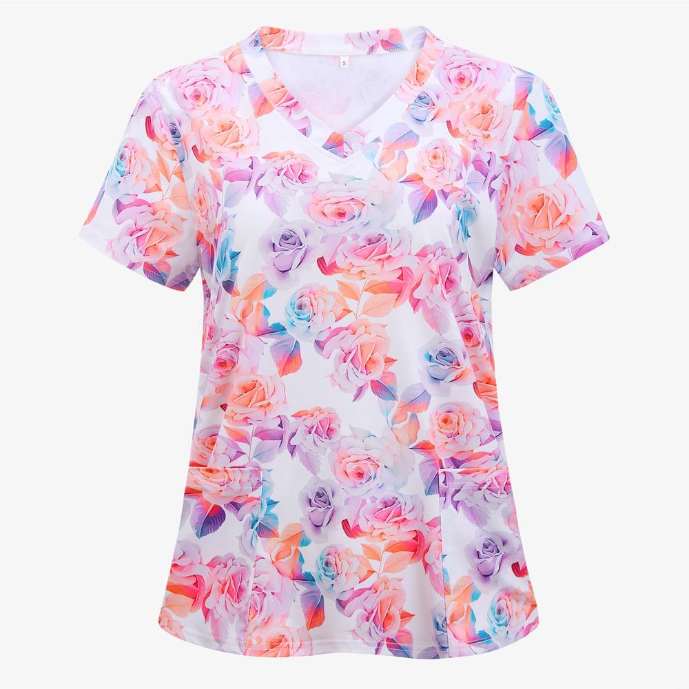 Blouses médicales pour femmes Mode Imprimé floral Tops d'infirmière saine Col en V Manches courtes Poches plaquées T-shirts Uniformes cliniques Femme
