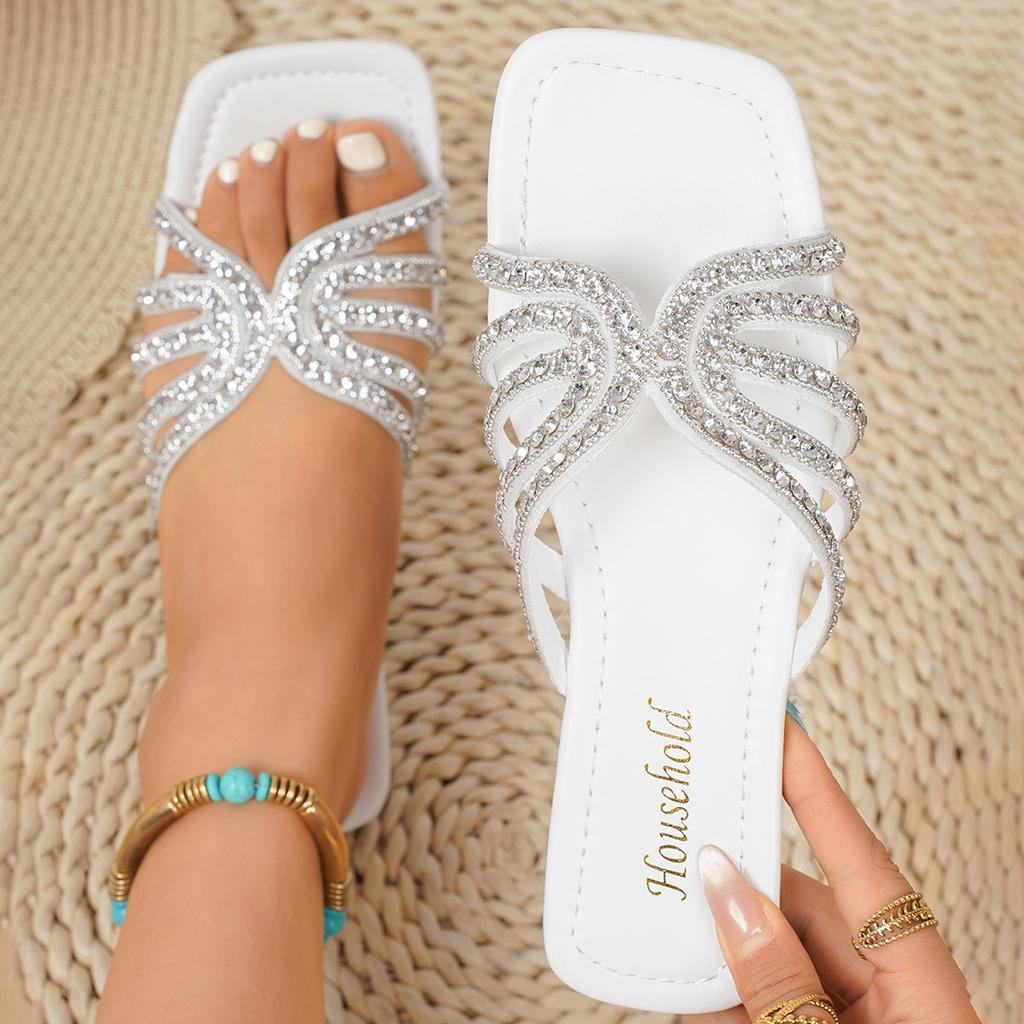 Summer Sandals for Women Flat Sandal Sparkle Rhinestone Slide Trendy Women's Beach Sparkly Dressy Slip On Bling Casual Shoes