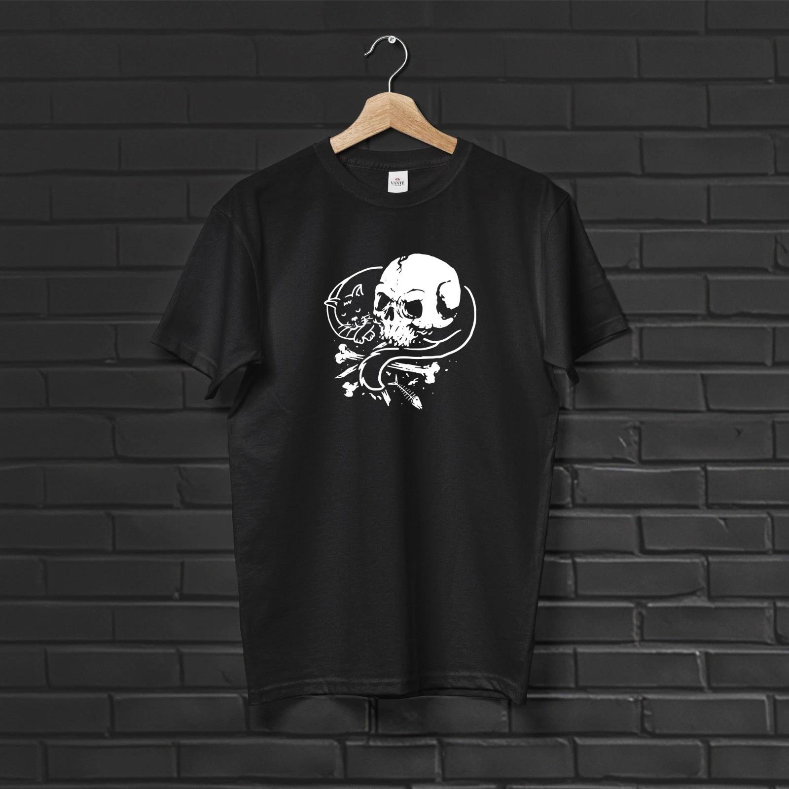 Skeleton Cat and Skull T-Shirt, Gothic Feline Graphic Tee 2XL