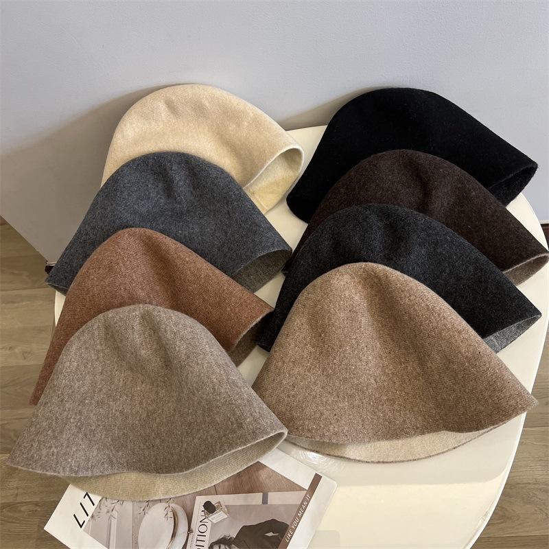 Double-sided knitted wool bucket hat women's autumn and winter new versatile face little fisherman hat