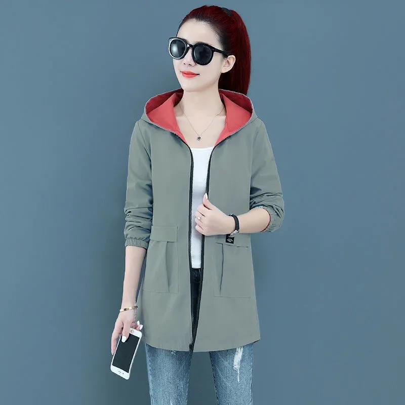 Women's Spring and Autumn No Printing Loose Double-sided Mid-length Baseball Uniform Plus Size Hooded Jacket Jacket