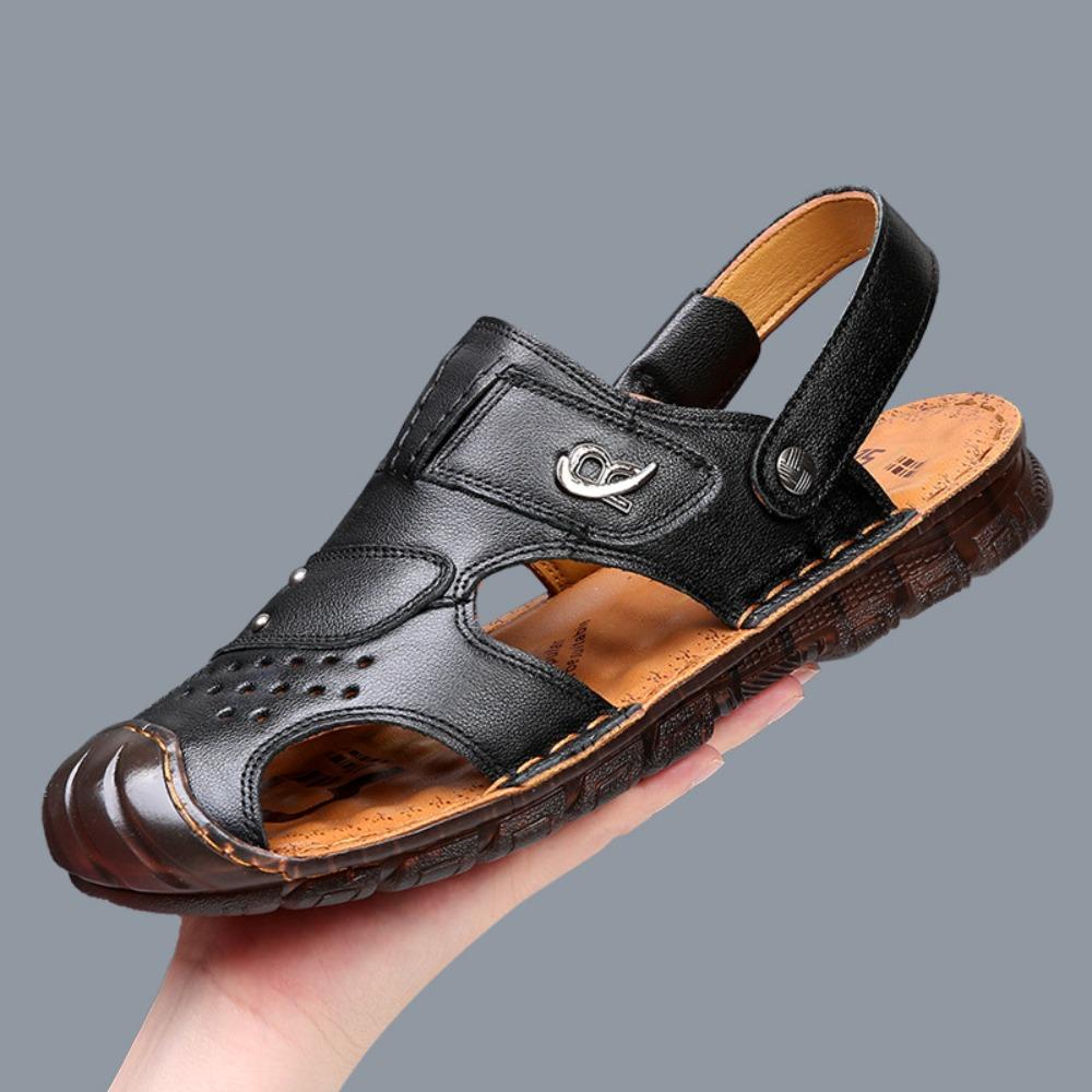 Men's Genuine Leather Sandals Summer Outdoor Breathable Open Toe Casual Beach Shoes Trendy Hollow Design