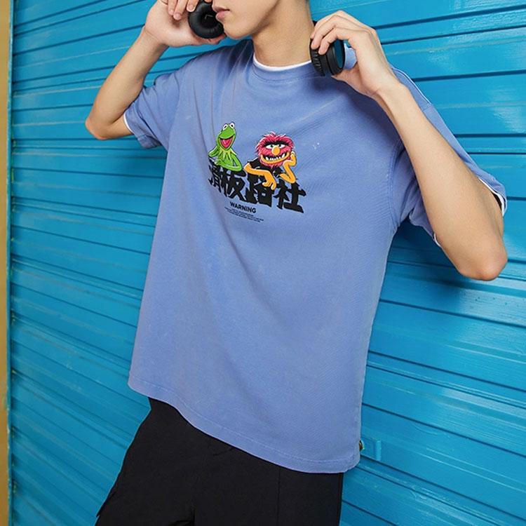 Li Ning X Disney Muppets Comet Product Series Cartoon Print Loose Vintage Short Sleeve T-Shirt Men T-Shirts Blue AHSR837-1