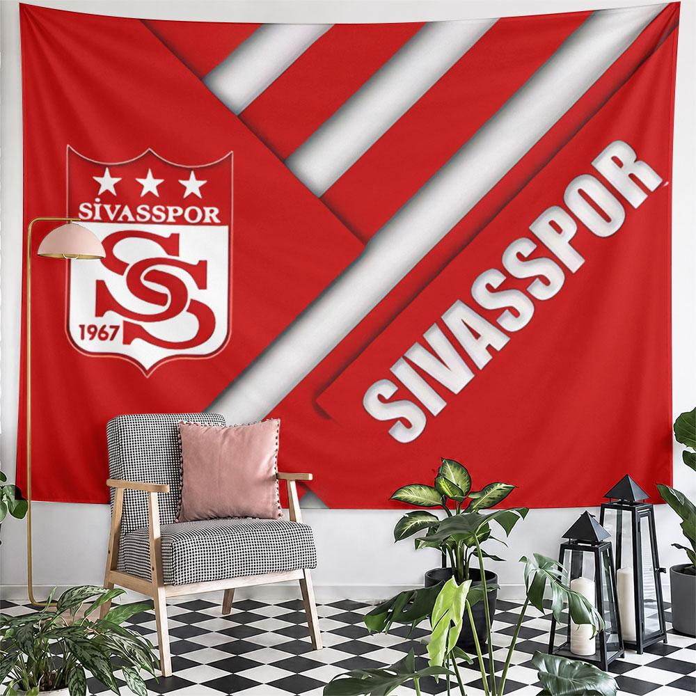 Diagonal red and white design with "Sivasspor" text and logo. Patterned tapestry for bedroom and living room home decor