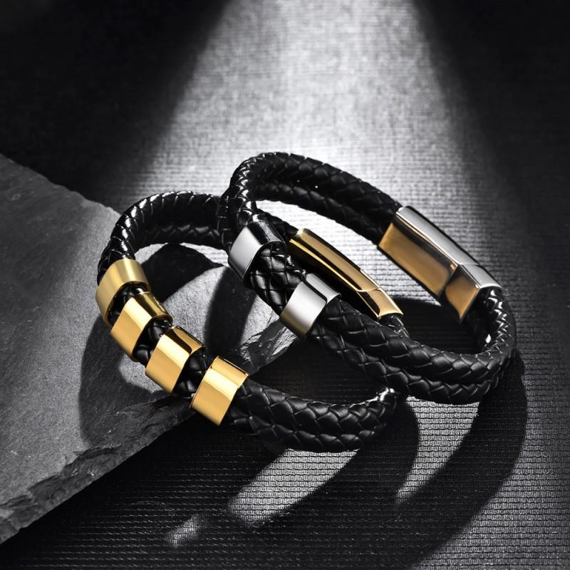 Stainless Steel Engraved Name Bracelet Men Minimalist Double Layer Leather Woven Black Adjustable