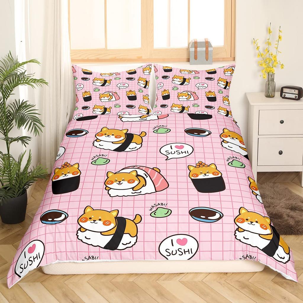 Japanese Sushi King Queen Duvet Cover Little Cat Bedding Set Novelty Cartoon Pet Animal Japan Food White Polyester Quilt Cover