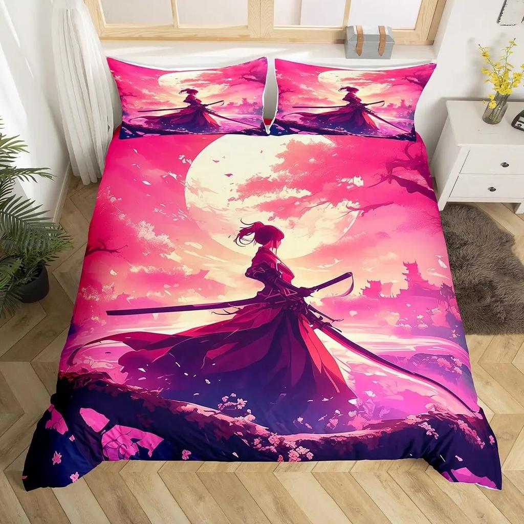 Japanese Samurai Bedding Set Full Size Cherry Blossoms Comforter Cover Red Sun Hokusai Duvet Cover Fuji Mountain Quilt Cover