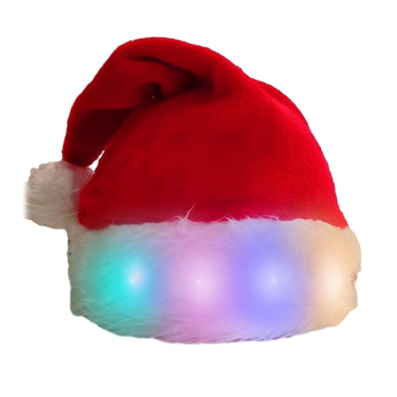 LED Christmas Hat, Light Up Christmas Hat Unisex Plush Beanie Holiday Hat with White Brim Christmas Party Props