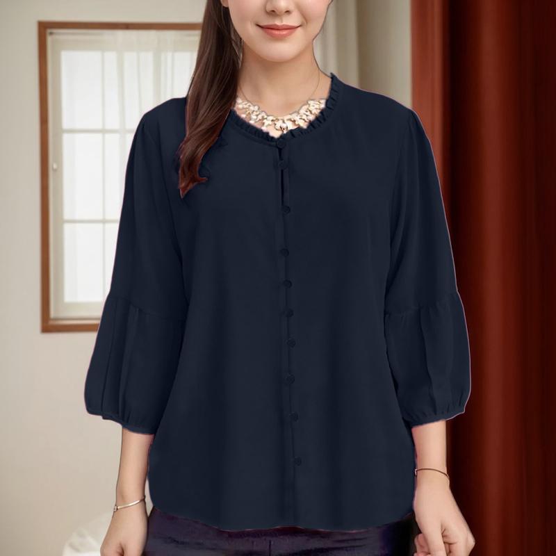 ZANZEA Women Casual Round Neck Solid Color 3/4 Sleeve Loose Blouse