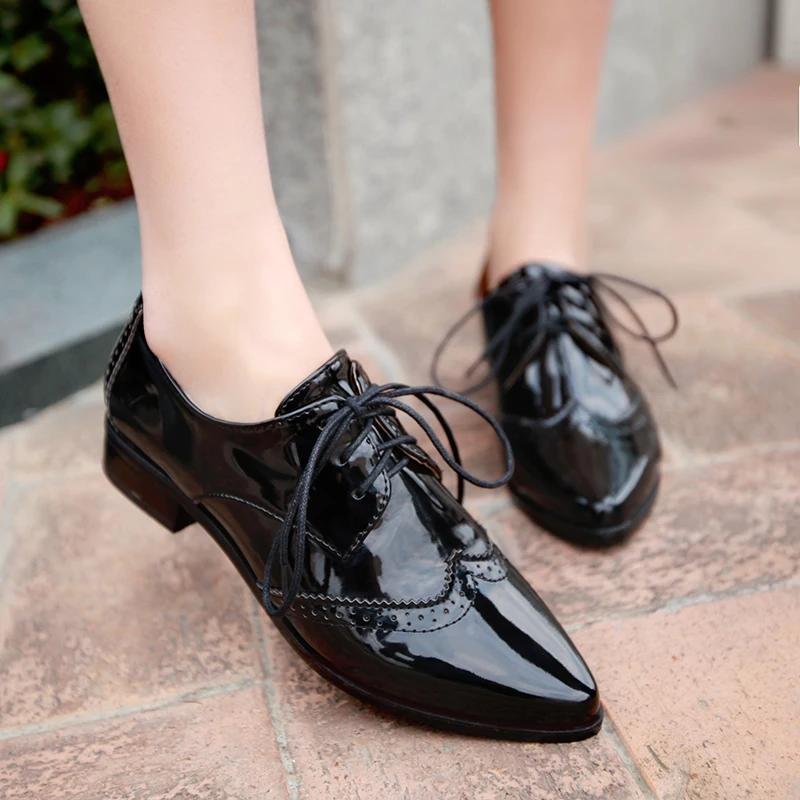 Fashion Spring Autumn Women Oxford Flats Brogue Patent Leather Black Office Outsole Female Pointed Toe Ballet Derby Shoes Ladies 34-43
