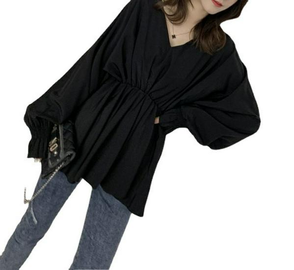 2025 Korean V-Neck Lantern Sleeve Waist-Cinching White Casual Chic Shirt for Women