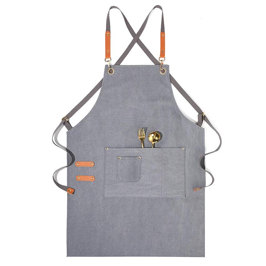 Kitchen Apron Heavy Duty Canvas Barber Work Aprons Unisex Cross Straps Adjustable Salon Hairdresser Bib PU Leather Apron for Men