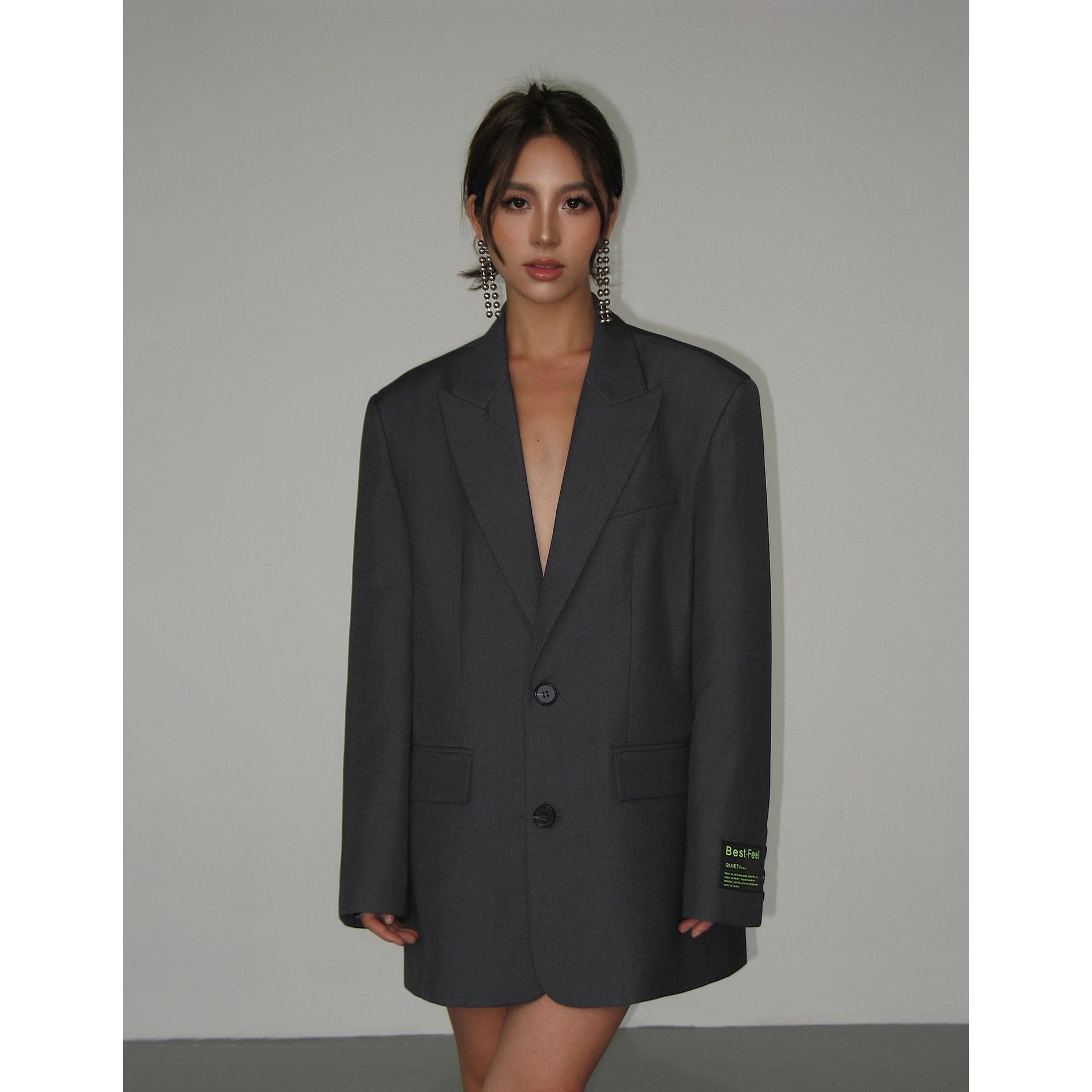 

Women s Retro Grey Loose-Fit Suit Jacket - Korean Style L