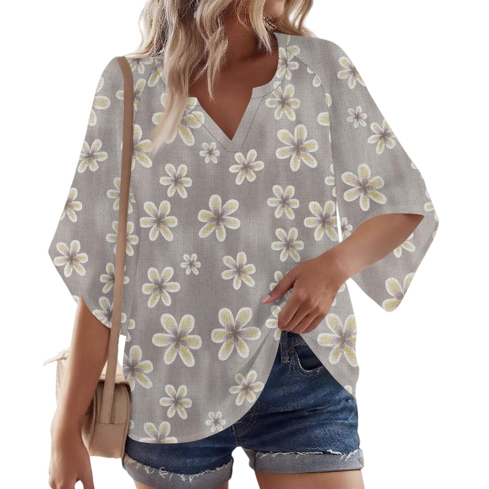 

Женская блузка с рукавом 3/4, V-образным вырезом и цветочным принтом, повседневная, свободная туника S