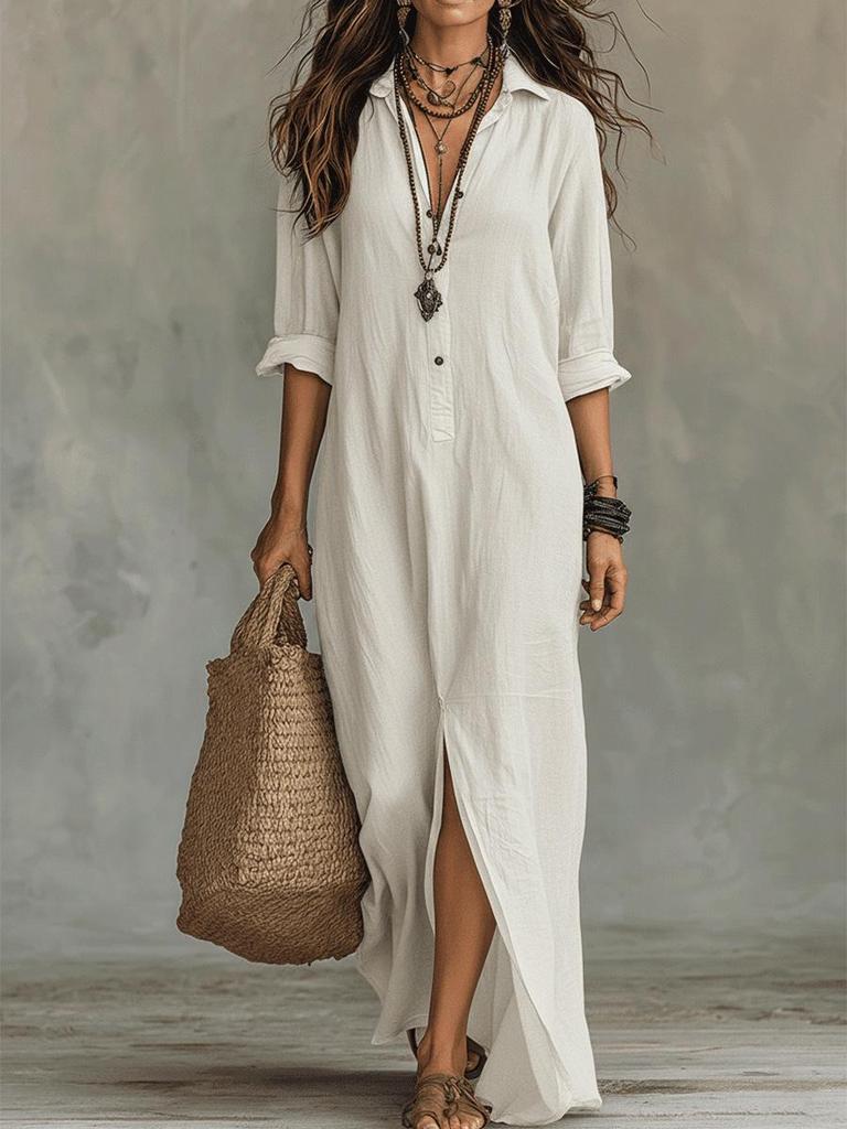 2026 Spring/Summer Casual Solid Color Lapel Slit Dress