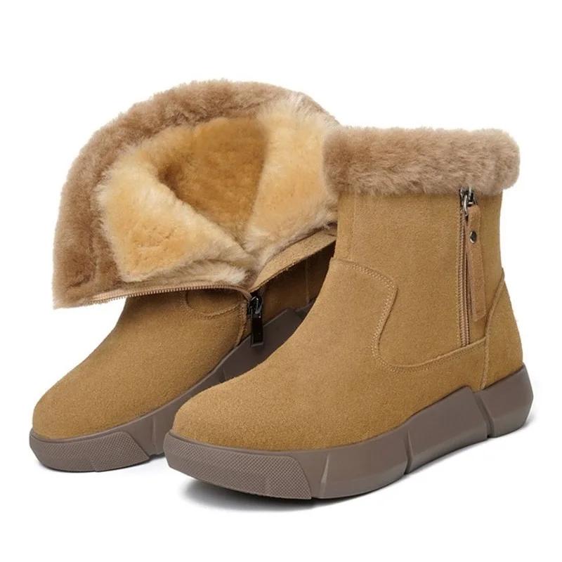 

Высококачественные женские зимние сапоги для снега из коровьей замши, кожи, шерсти, с пушистым мехом, овчиной, на плоской подошве, нескользящие, женские ботильоны, Botas Mujer 42 коричневый