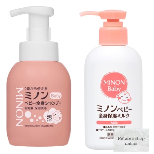 MINON Baby Body Shampoo, Foam Type, 350mL, and MINON Baby Body Moisturizing Milk, 150mL Bottle, 1 of Each, Total of 2 Items, Bonus Included