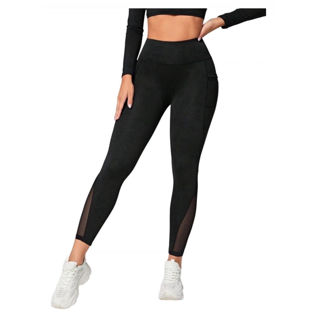 High-Waist Sport Leggings with Mesh Side Pocket for Phone, Black