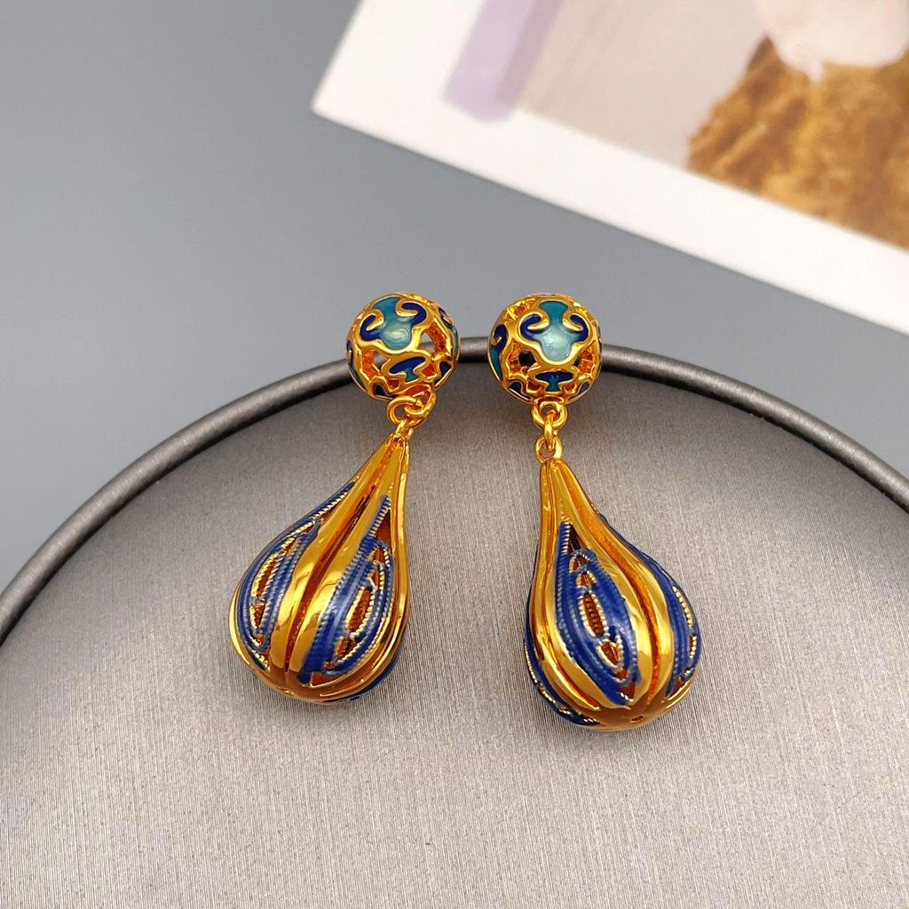 High-End Chinese Water Drop Enamel Earrings - Luxurious Long Silver Needle, Trendy Ancient Style for Women