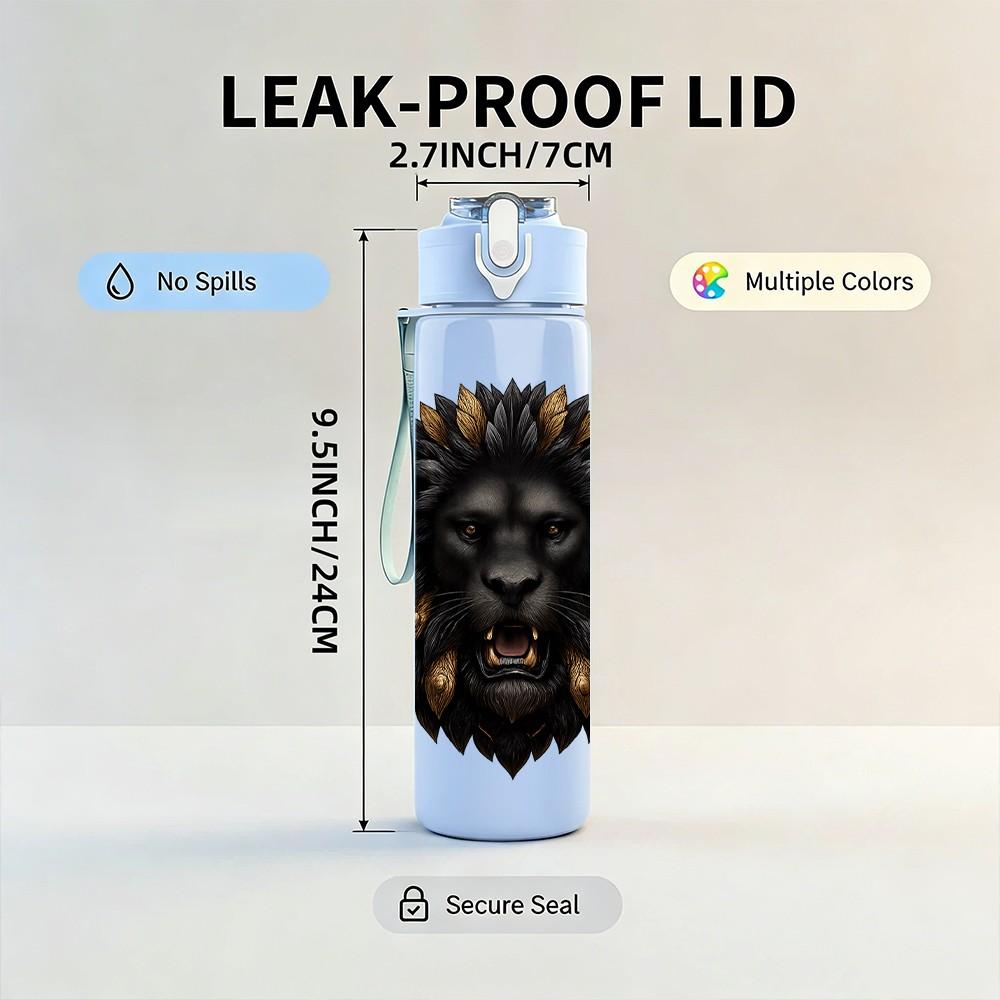 1PC Dark Lion Head Portrait 750ml Color Plastic Sports Water Bottle Leakproof Flip Straw Lid Suitable for Sports Office Home Use