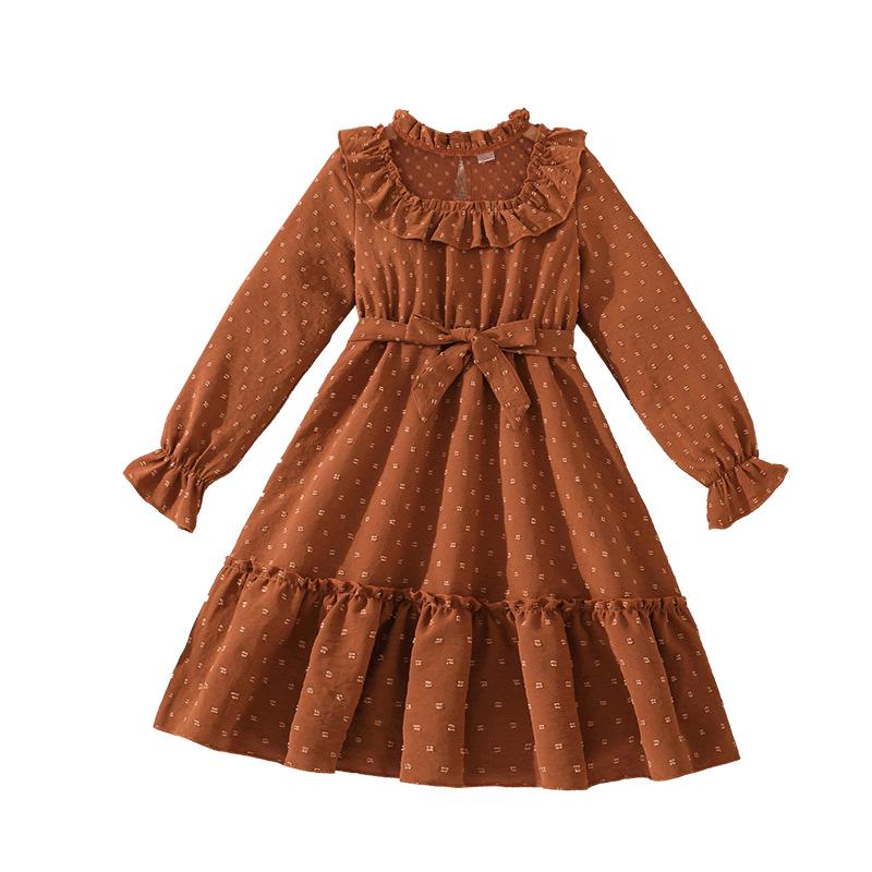 Girls' Long Sleeve Princess Dress with Pom-pom Lace Trim and Cinched Waist - Autumn/Winter Collection 