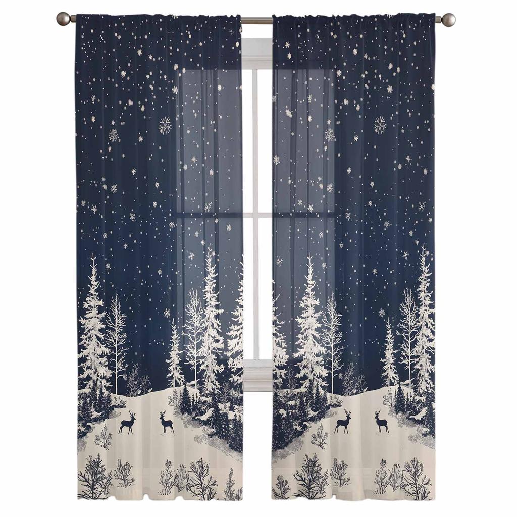 Weihnachts- und Winter Rentier Schnee Landschaft Vorhänge für Wohnzimmer Schlafzimmer Heimdekoration Fenster Voile Tüll Vorhang Drapierungen