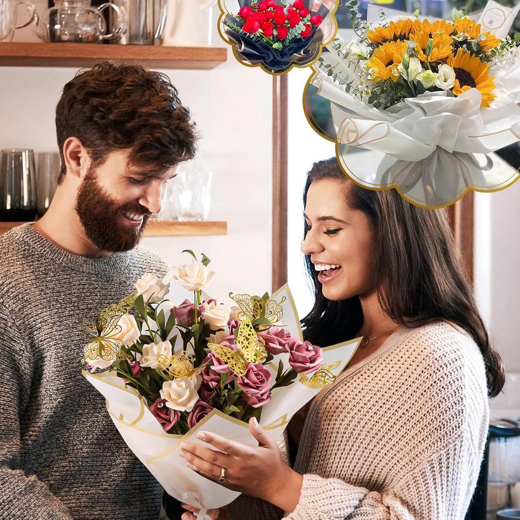 181Pcs Flower Wrapping Bouquet Paper Set with 30 Sheet Floral Wrapping Paper 48Pcs 3D Gold Butterfly Decor 100Pcs Bouquet Corsages Pins 4 Roll