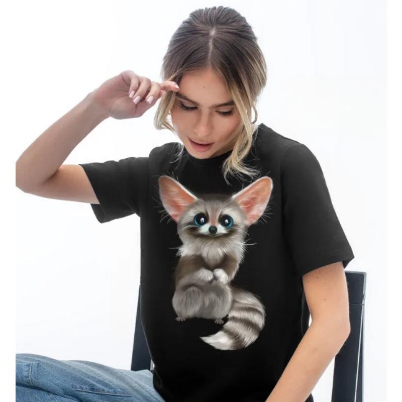 Top de vară cu gât rotund și imprimeu 3D cu pisică, tricouri de damă la modă și casual cu mânecă scurtă