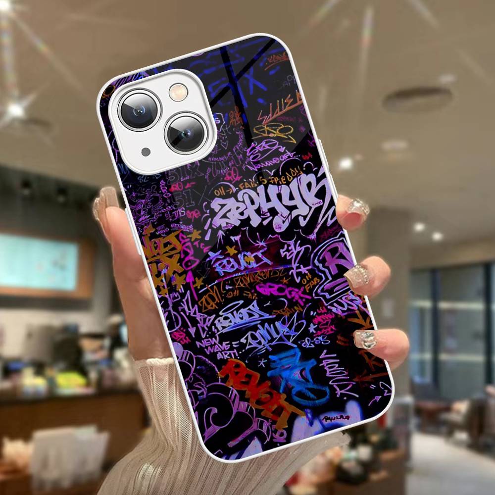 Cool Black Graffiti For iPhone 14 13 12 Mini 11 Pro XS Max X XR 14 Plus Tempered Glass Cover