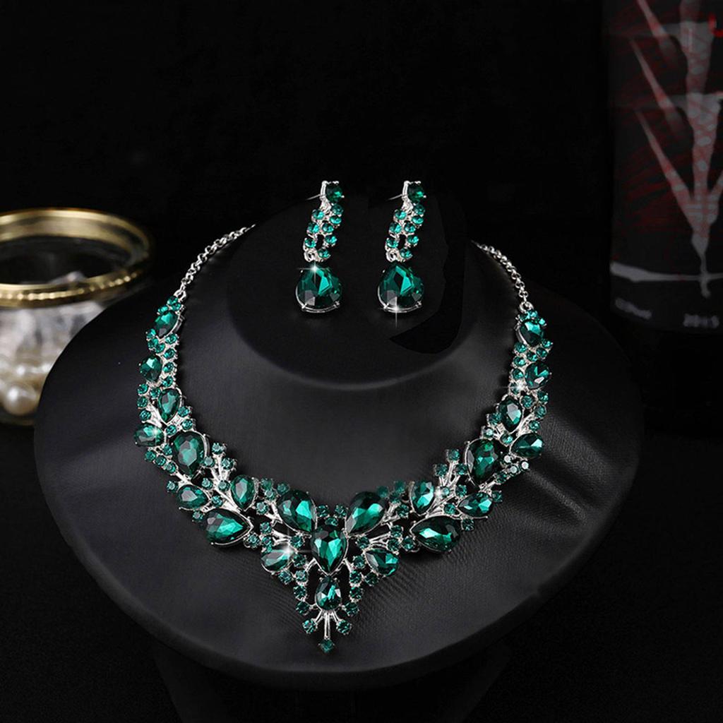 Necklace Earring Set Green Shiny Exquisite Women Decorative Jewelry for Wedding Anniversary