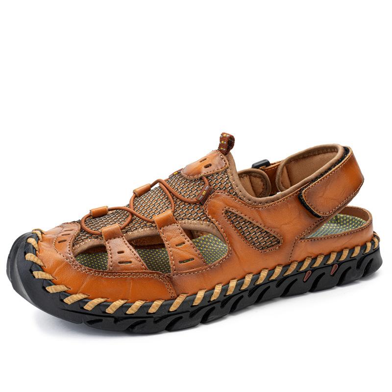 Leather Mesh Sandals Foreign Trade Large Size Breathable Hot-selling Handmade Shoes 2025 Summer New Casual Men's Beach Shoes
