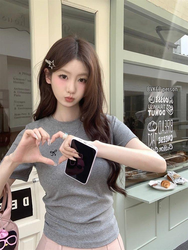 Women's 2025 Korean Style Bowknot Embroidered Slim Fit T-Shirt, Short Sleeve, Round Neck