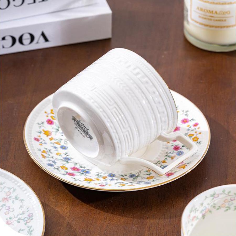 Vintage Floral Ceramic Coffee Cup & Saucer Set with Spoon, Gift Box, 280ml for Afternoon Tea