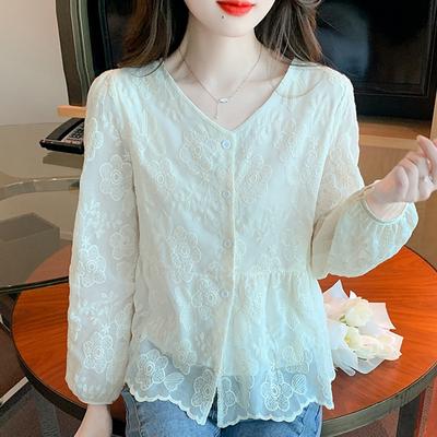 New 2024 Fashion Autumn Long Sleeve V-Neck Embroidery Apricot Blouse Shirt Women Tops Blouses Shirts J502