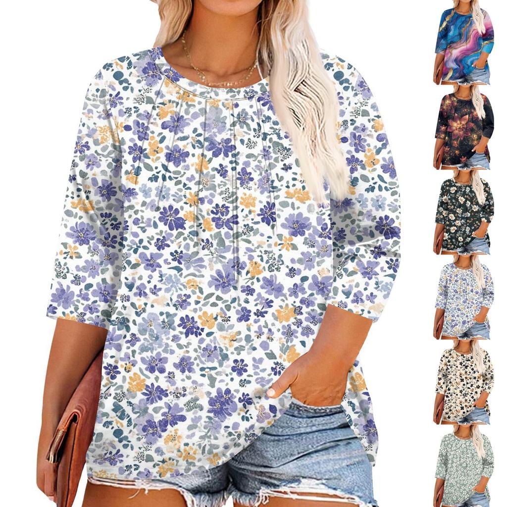 Women's Print Round Neck Plus Size Tops 3/4 Sleeves Elegant Shirt Tops