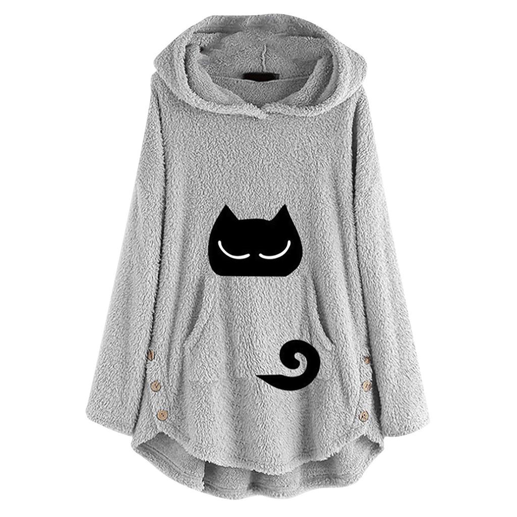 Damen Katzen Plüsch Oberteil mit einfarbigem bedrucktem lässigem Langarm-Kapuzenpullover